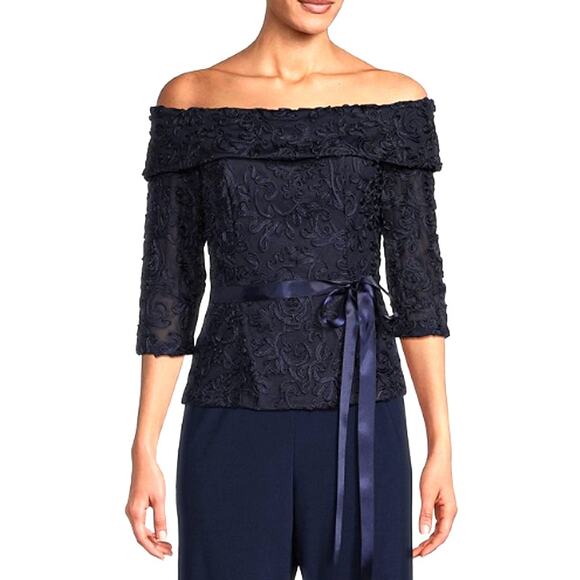 Alex Evenings Stretch Tulle Off The Shoulder Floral Embroidered Top Size XLP - Picture 1 of 11